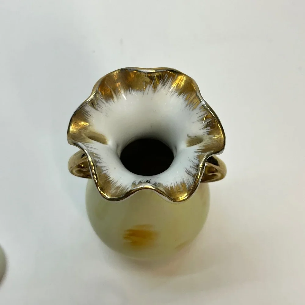 Vintage Enesco‎ Japan Ceramic Fruit Vase and Sugar Bowl Set Gold Trim E2350